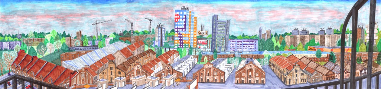 Storkower straße, 2017 (štětcové pera od Charlotte Orr