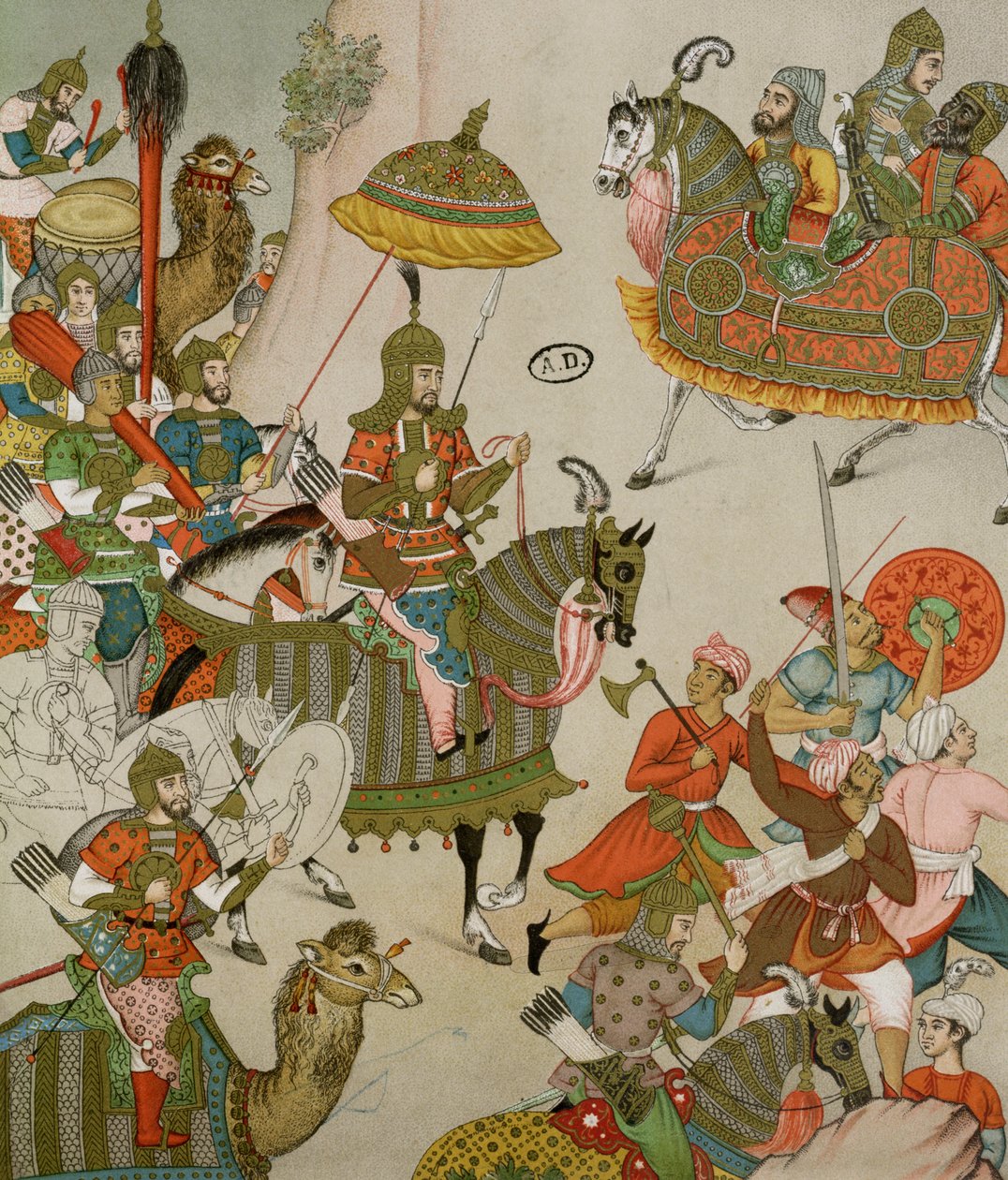 Císař Babur (r.1526-30) v čele své armády, po mughalské miniatuře ze šestnáctého století od Charpentier