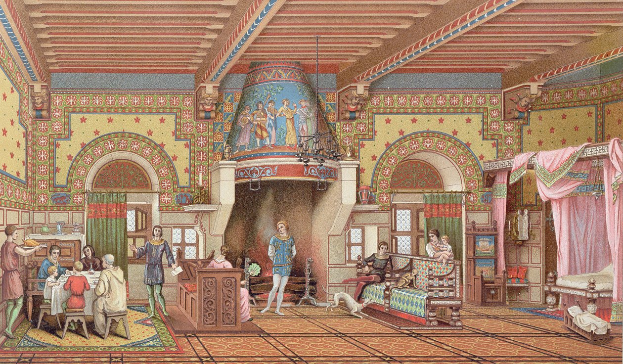 Interiér francouzského hradu během středověku, c. 1845 od Charpentier