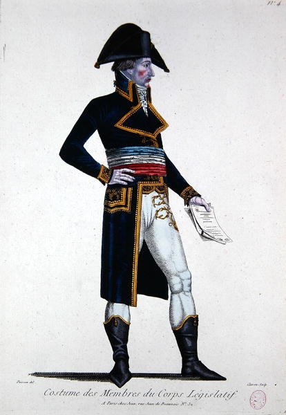 Kostým příslušníků Corps Legislatif za první republiky ve Francii, kolem roku 1800 (barevná rytina) od Chataignier Chataignier