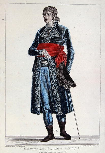Kostým státního tajemníka v období konzulátu (1799-1804) první republiky ve Francii, kolem roku 1800 (barevná rytina) od Chataignier Chataignier