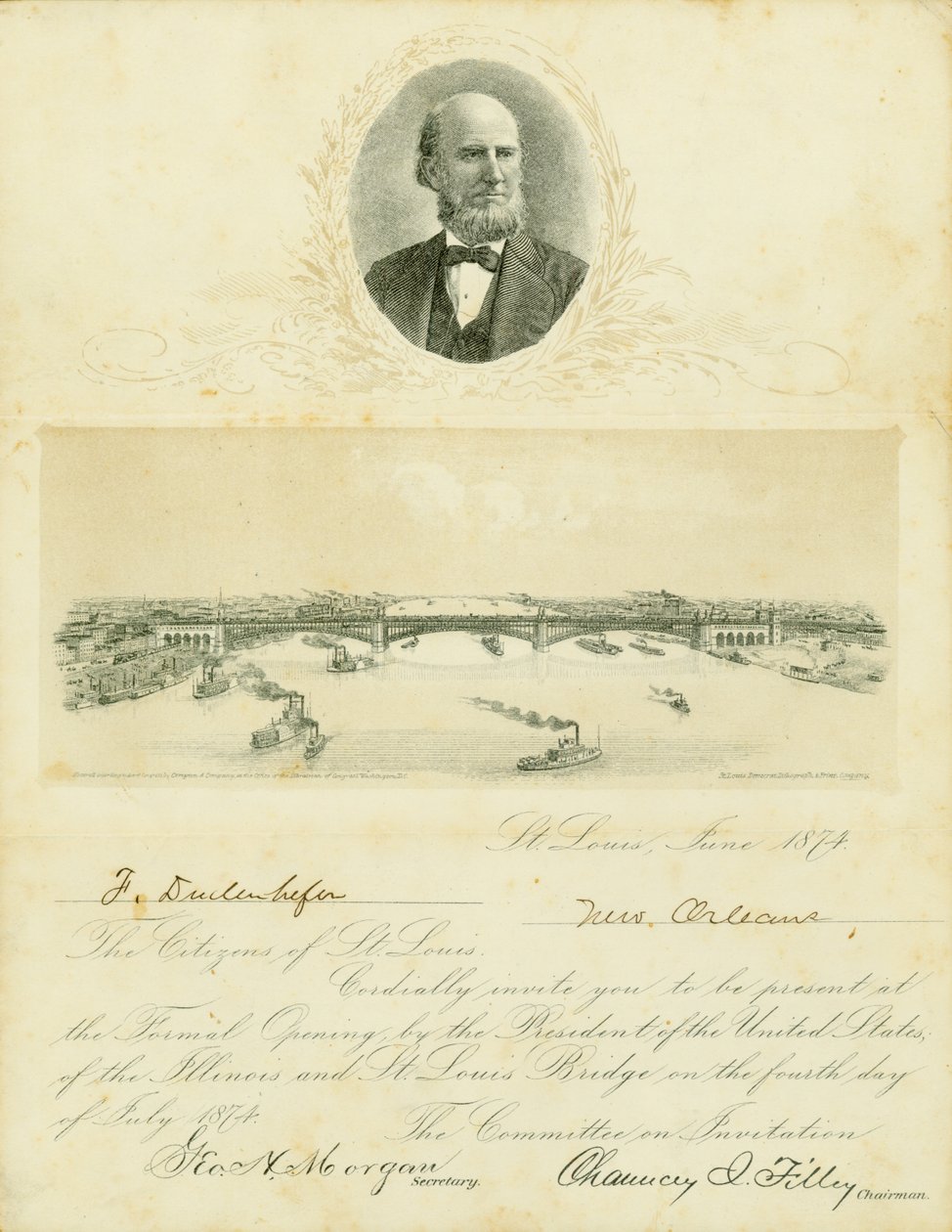 Pozvánka na formální otevření Eads Bridge 4. července 1874 od Chauncey I. Filley