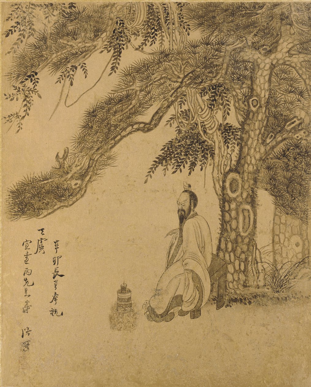 Příprava elixíru pod borovicí, dynastie Čching, 1651 (inkoust na zlatém papíře) od Chen Hongshou
