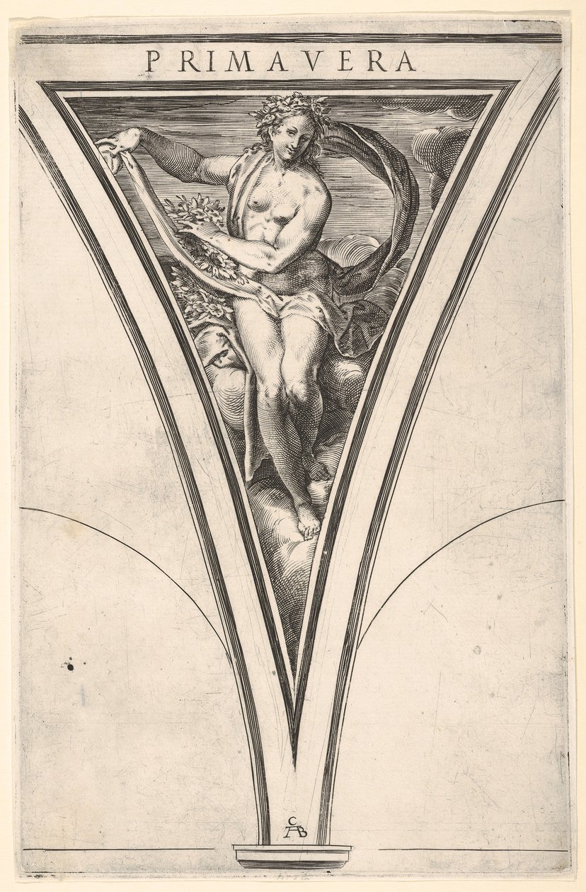 Jarní Primavera reprezentovaná jako žena nesoucí vlající závěs a girlandy..., ca. 1570-1615. od Cherubino Alberti