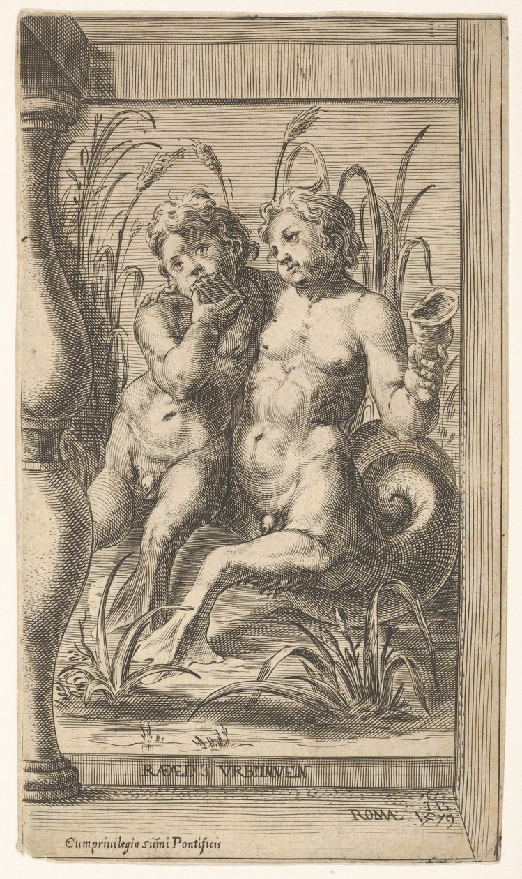 Dva objímající se tritoni, jeden hraje na píšťalu, druhý drží lasturu zasazenou do ..., 1579. od Cherubino Alberti