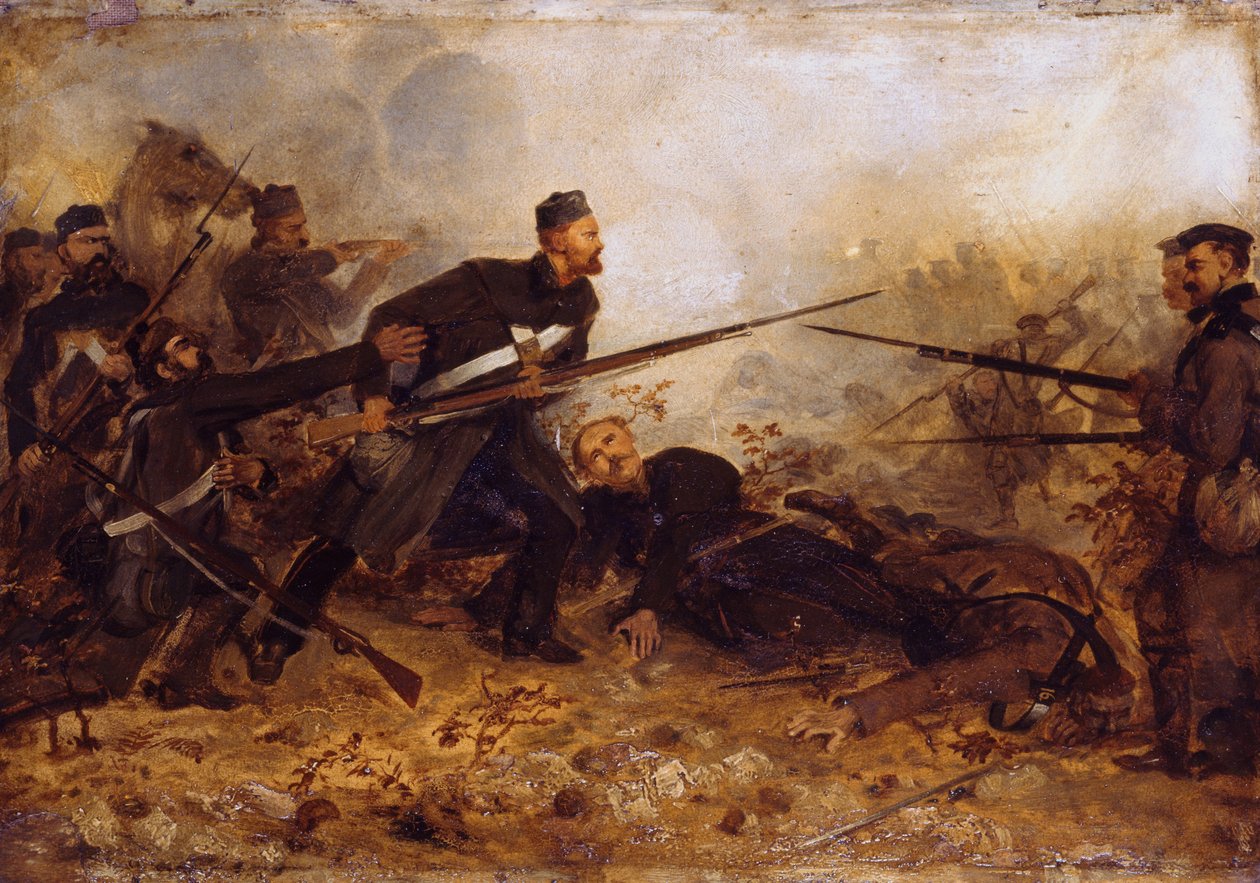 Vojín John McDermond (1832-68) v bitvě u Inkermanu 5. listopadu 1854, kolem roku 1860 od Chevalier Louis William Desanges