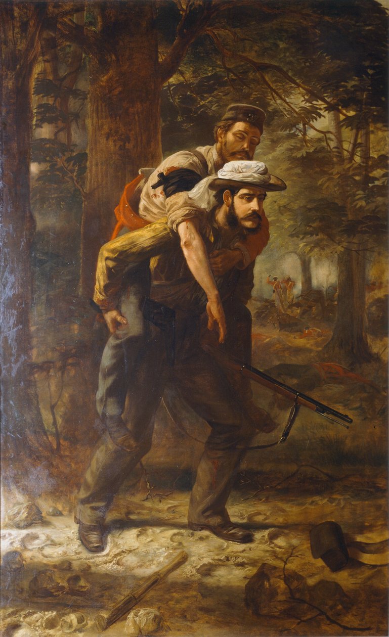 Ross Lewis Mangles (1833-1905) zachraňující zraněného vojáka 37. pluku během indické vzpoury v letech 1857, 1859-62 od Chevalier Louis William Desanges