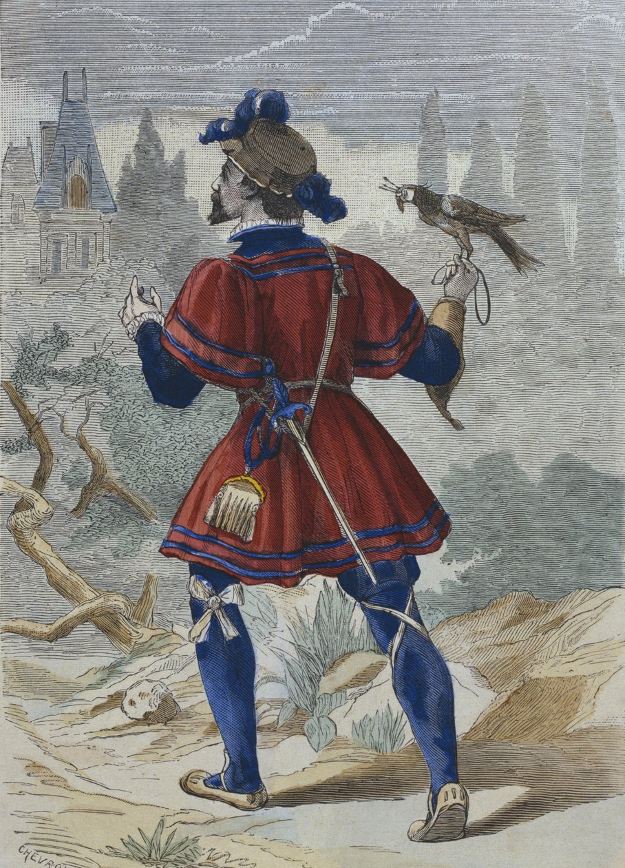 Sokolník v domácnosti Françoise Iera v 16. století, ilustrace z „Costumes de Paris a travers les siecles“ od H. Gourdona de Genouillac (barevná rytina) od Chevrolat