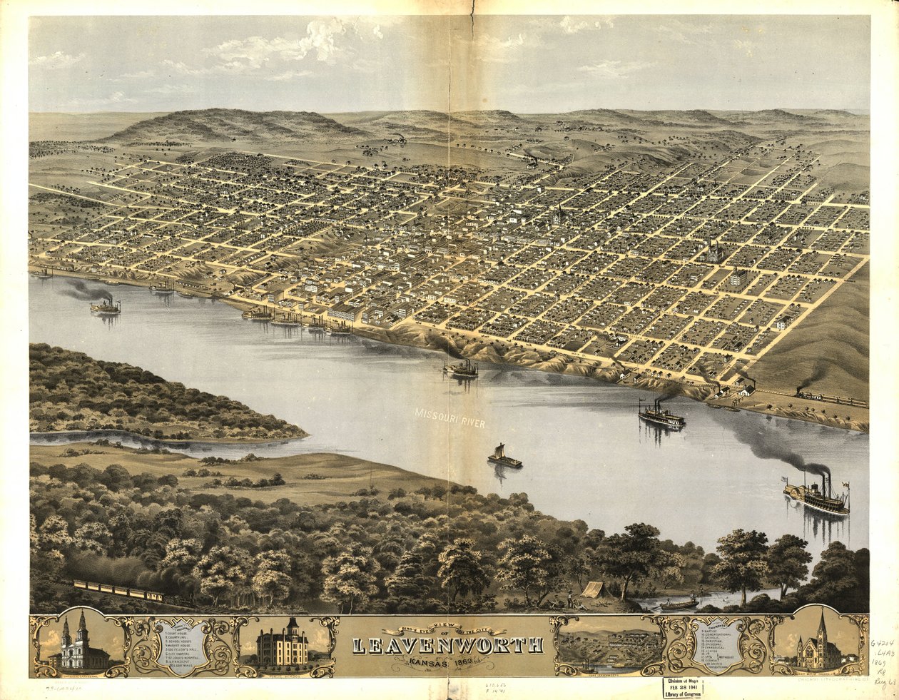 Pohled z ptačí perspektivy na město Leavenworth, Kansas 1869 od Chicago Lithographing Co.