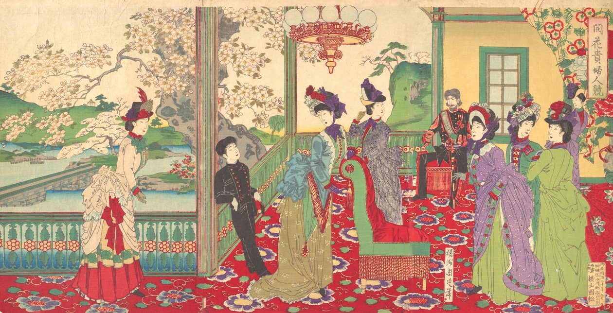 Soutěž elegantních dam mezi třešňovými květy Kaika kifujin kisoi, září 1887. od Chikanobu Yoshu