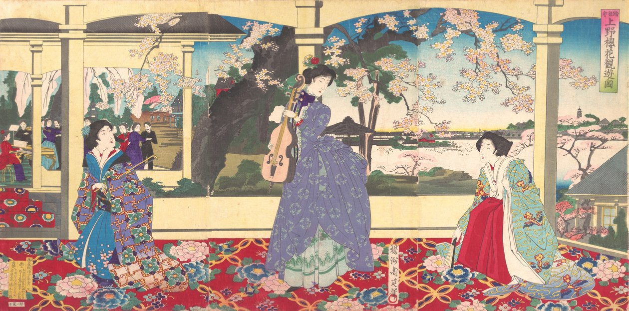 Taneční párty: Užijte si prohlížení třešňových květů v Ueno Tobukai Ueno oka yuran no z..., březen 1887. od Chikanobu Yoshu