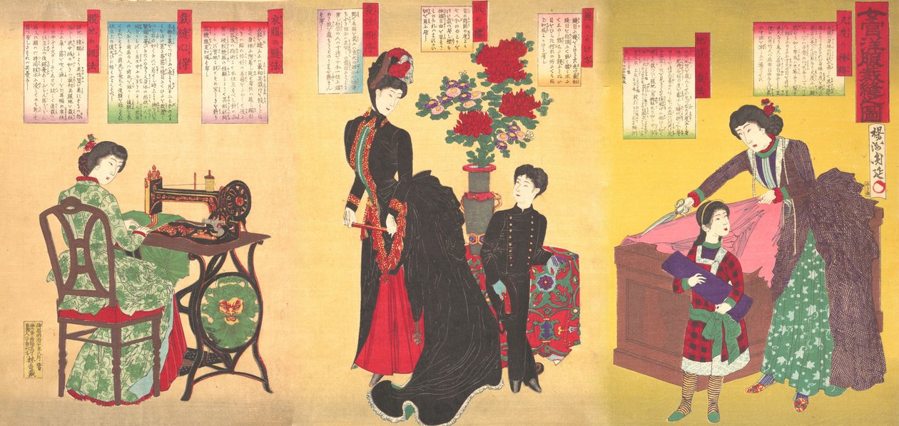 Dvorní dámy šijí westernové oblečení Jokan yofuku saiho no zu, 23. srpna,..., 23. srpna 1887. od Chikanobu Yoshu