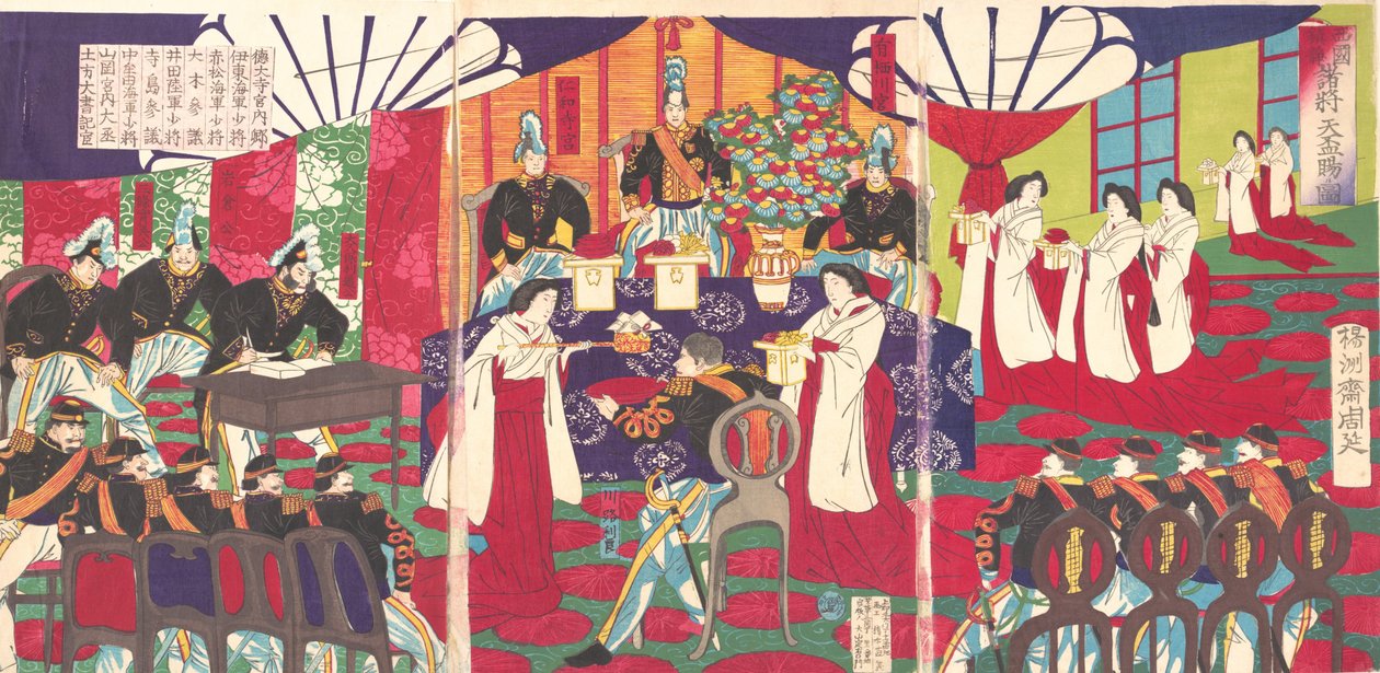 Ilustrace velitelů, kteří pacifikovali západní Japonsko, přijímající císaře..., září 1887. od Chikanobu Yoshu