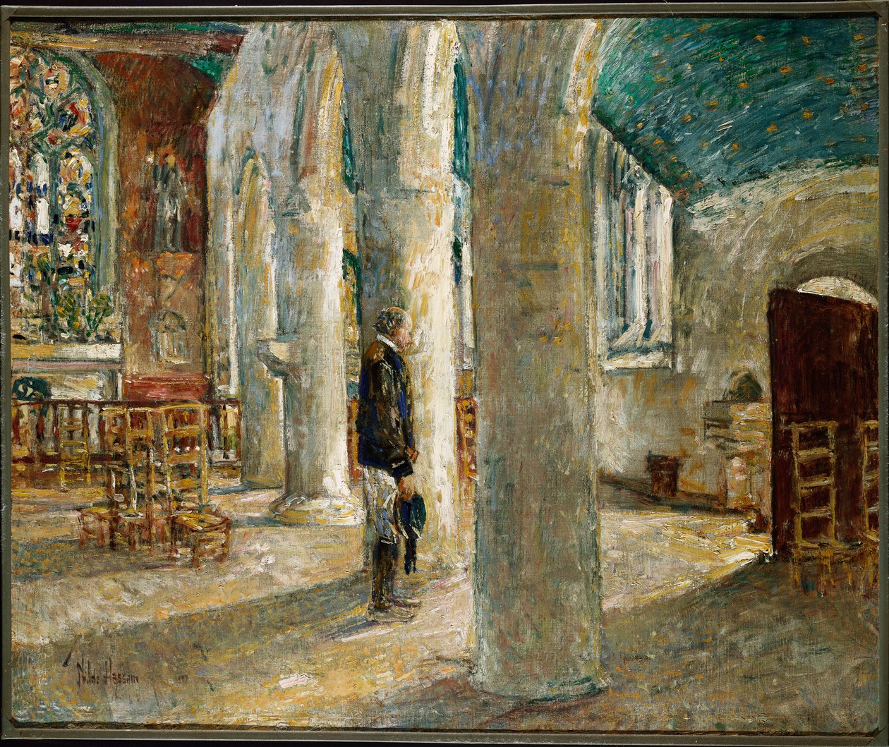 Interiér kostela, Bretaň od Childe Frederick Hassam
