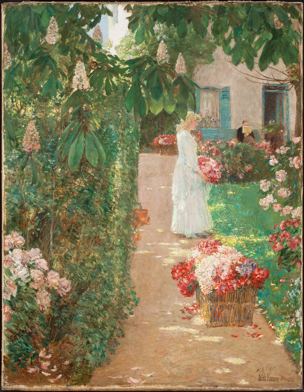 Sbírání květin ve francouzské zahradě (olej na plátně) od Childe Frederick Hassam