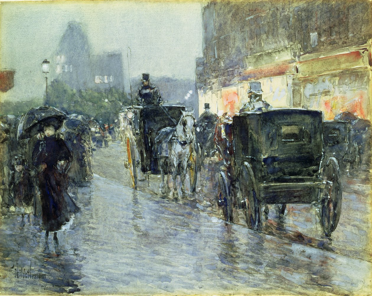 Horse Drawn Cabs at Evening, New York, cca 1890 (akvarel a kvaš na papíře) od Childe Frederick Hassam