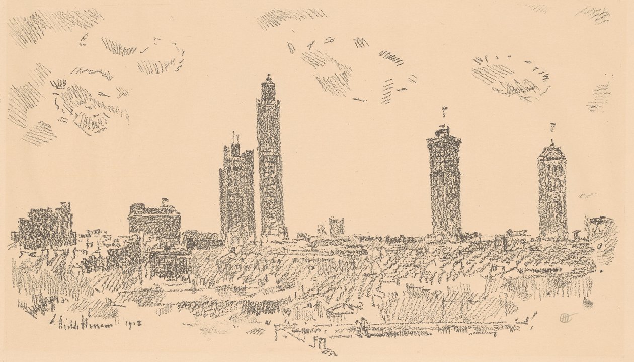 Panorama New Yorku, temné budovy od Childe Hassam