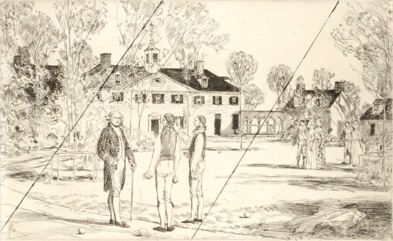 Washington v Mount Vernon (nezveřejněná grafika z portfolia „The Bicentennial Pageant of George Washington“) od Childe Hassam