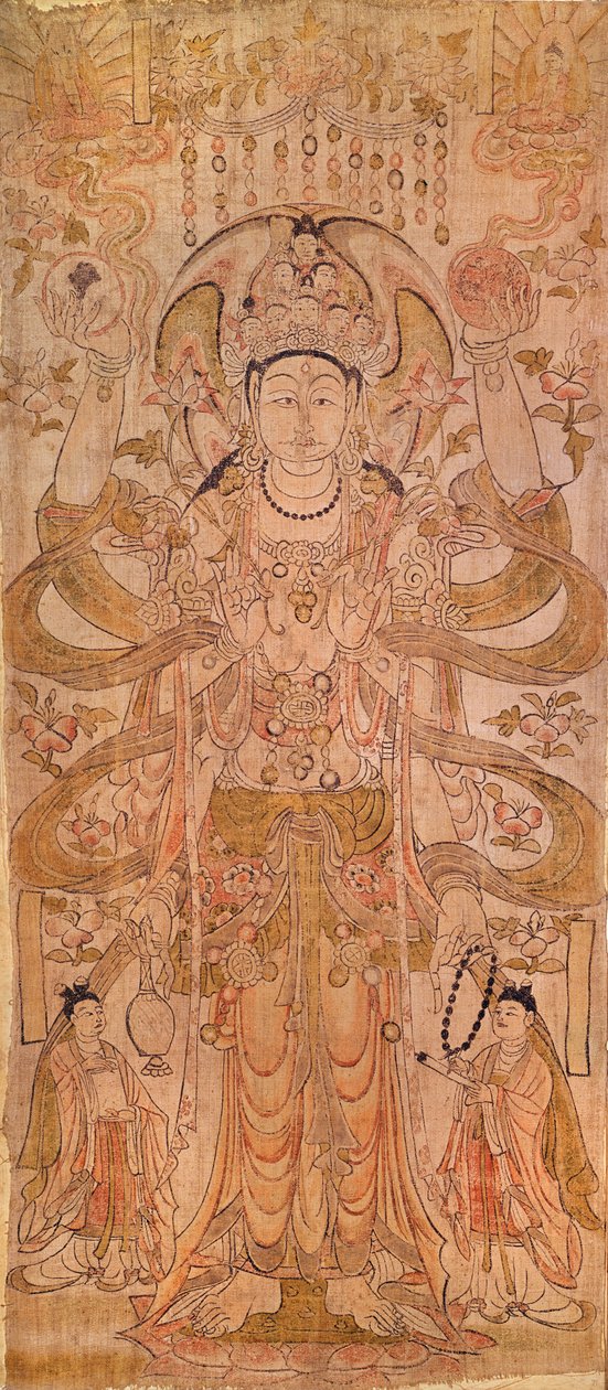 Avalokiteshvara s devíti hlavami a šesti pažemi, z Dunhuang, provincie Gansu, dynastie Tang (618-907) (pero a inkoust na plátně) od Chinese School