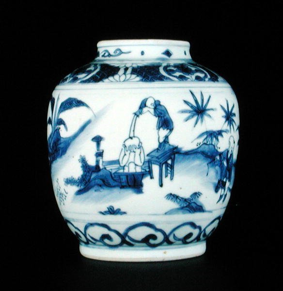 Modrobílá dóza malovaná koupajícím se chlapcem, Wanli nebo Chongzheng, 1600-30 (porcelán) (viz 206093-206095) od Chinese School