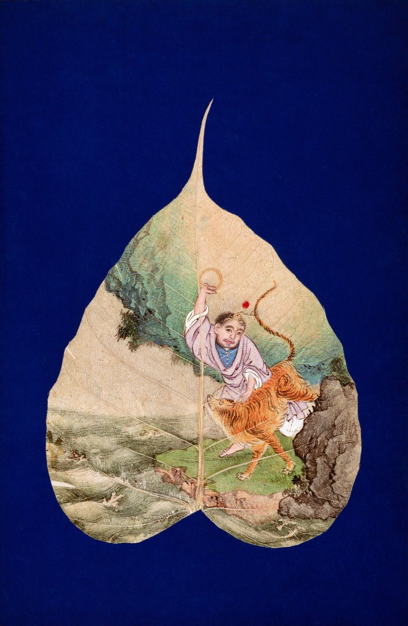 CBL C 1410 Bhadra s tygrem (pero, inkoust a barvy na připevněném posvátném listu Bodhi) od Chinese School