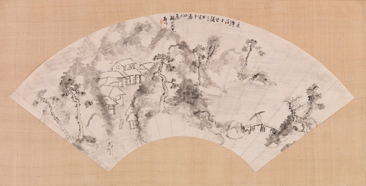 Vějíř zobrazující krajinu, cca 1600 (inkoust na papíře) od Chinese School