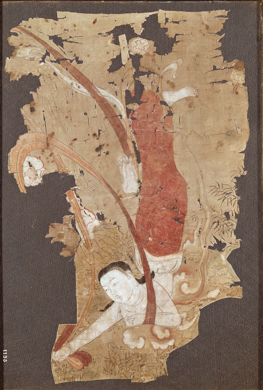 Létající džin nebo, Apsaras, z Dunhuang, provincie Gansu, 9.-10. století (malba na hedvábí) od Chinese School