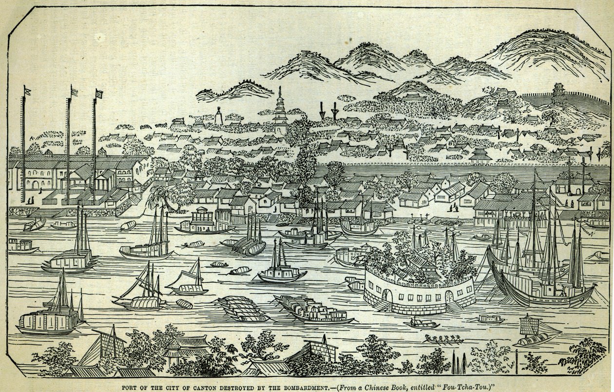 Přístav města Canton, zničený bombardováním, čínská ilustrace vytištěná v „The Illustrated London News“, 1858 od Chinese School