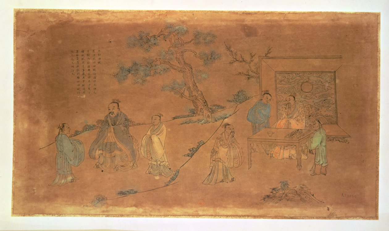 Scéna ze života Konfucia (asi 551-479 př.nl) a jeho žáků, dynastie Čching (1644-1912) (inkoust, wc a sépie mytí na papíře) od Chinese School
