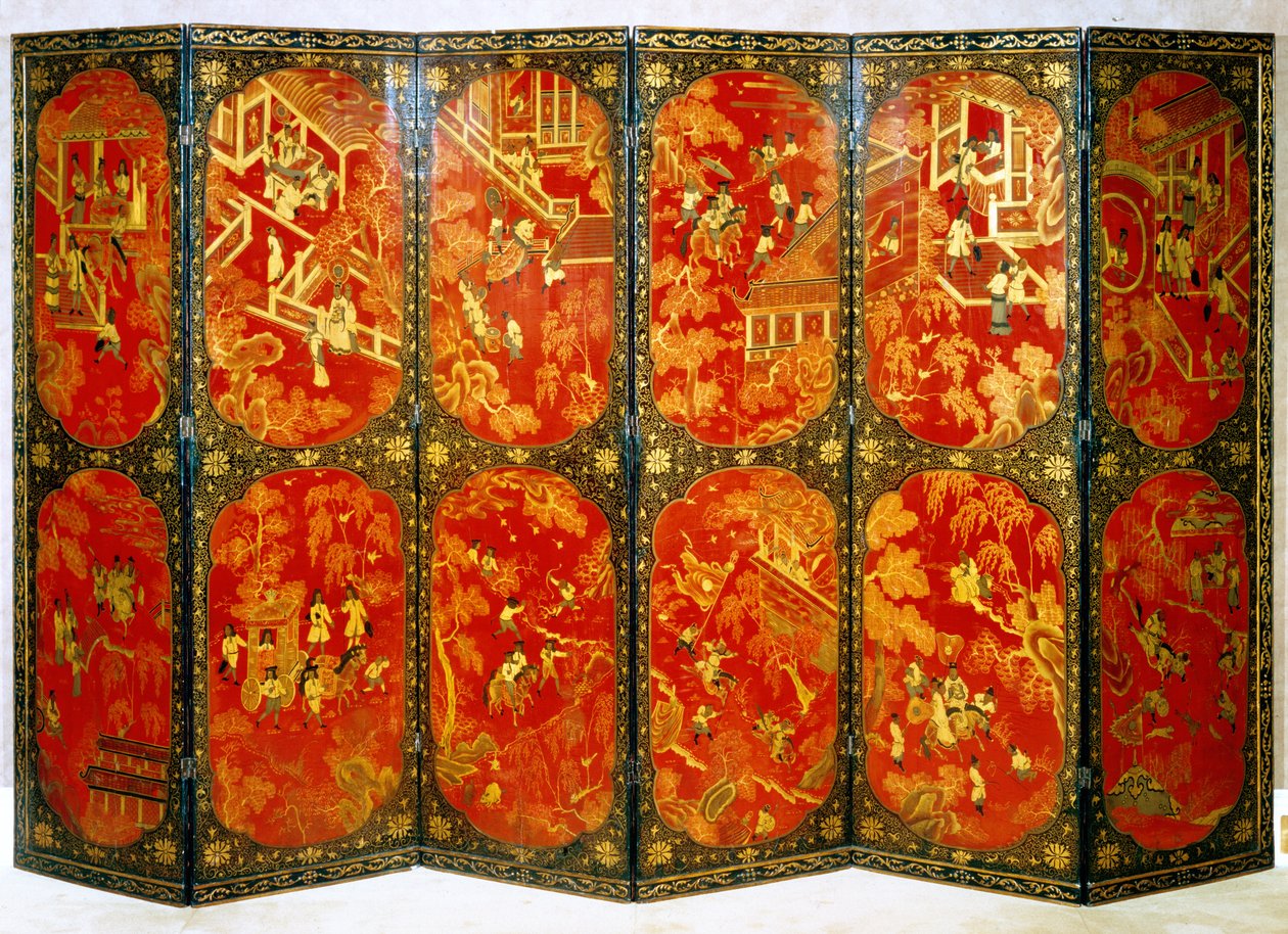 Šestinásobné plátno zobrazující evropské postavy v červených panelech s černými okraji, cca 1720 (lakované dřevo) od Chinese School