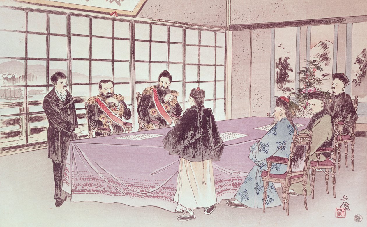 Japonští ministři I-Tso a Mou-Tsou jednají s čínským vyslancem Ri-Ko-Sho o podmínkách příměří Shimonoseki, 16. dubna 1895 od Chinese School
