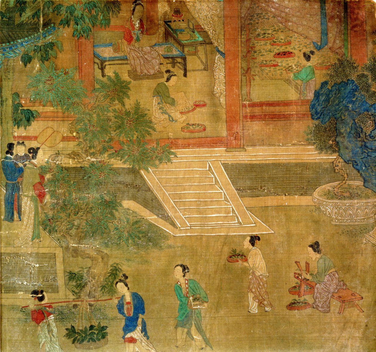 Ženy sklízející listí, 1500 (malované hedvábí) od Chinese School