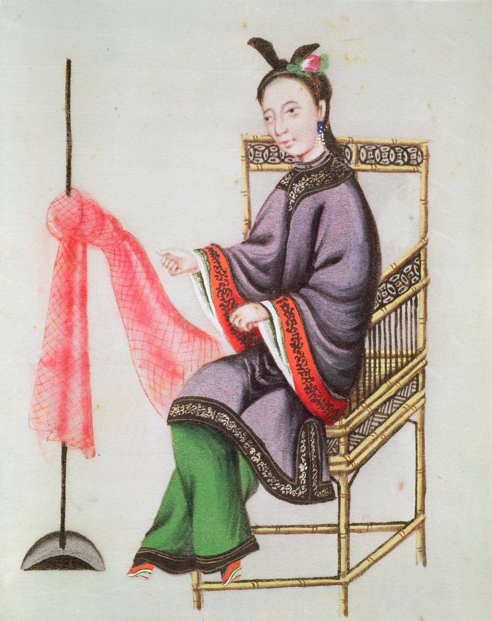 Číňanka vyrábějící rybářskou síť, období Qianlong (1736-96) (kvaš na papíře) od Chinese School