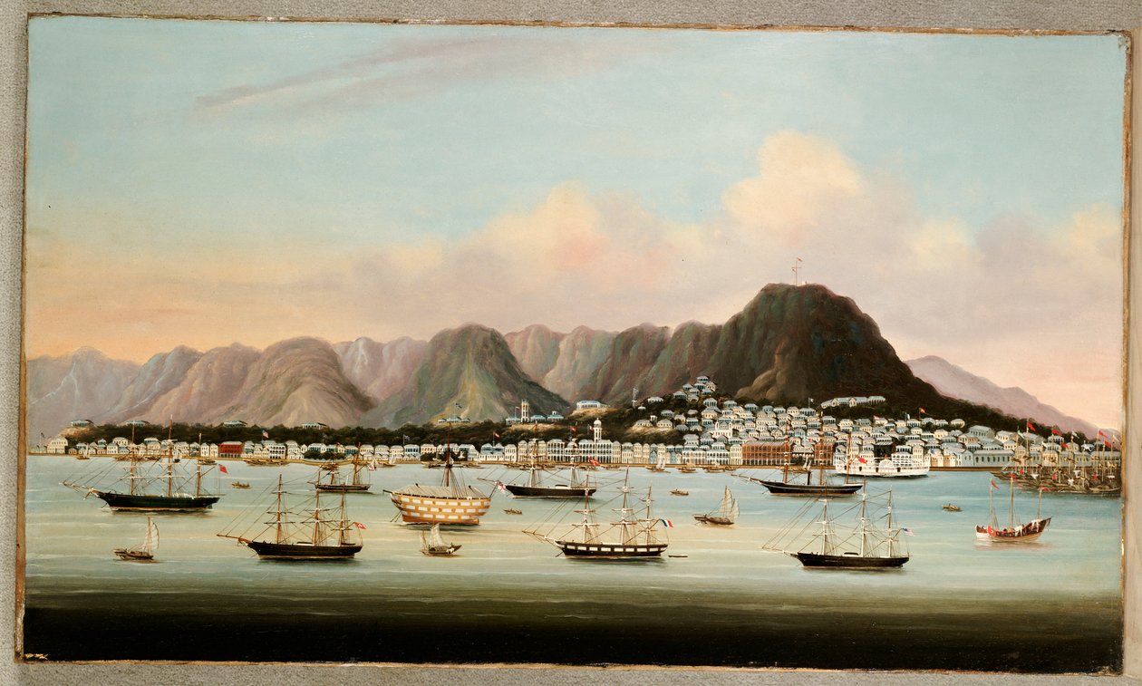 Pohled na Victorii, Hong Kong, s Hulkem H.M.S. princeznou Charlotte a americkou, britskou a francouzskou lodní dopravou, kolem roku 1862 od Chinese School