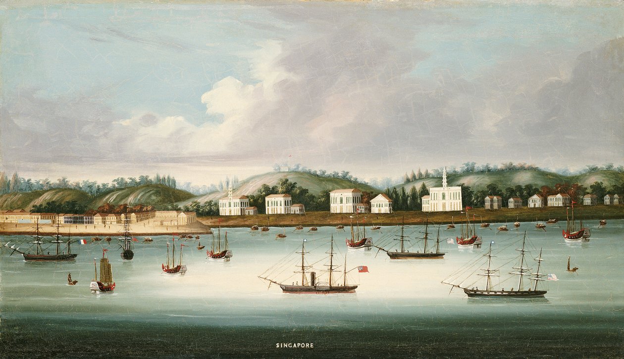 Pohled na Singapur ze silnic s americkou, francouzskou a britskou lodní dopravou, kolem roku 1850 od Chinese School