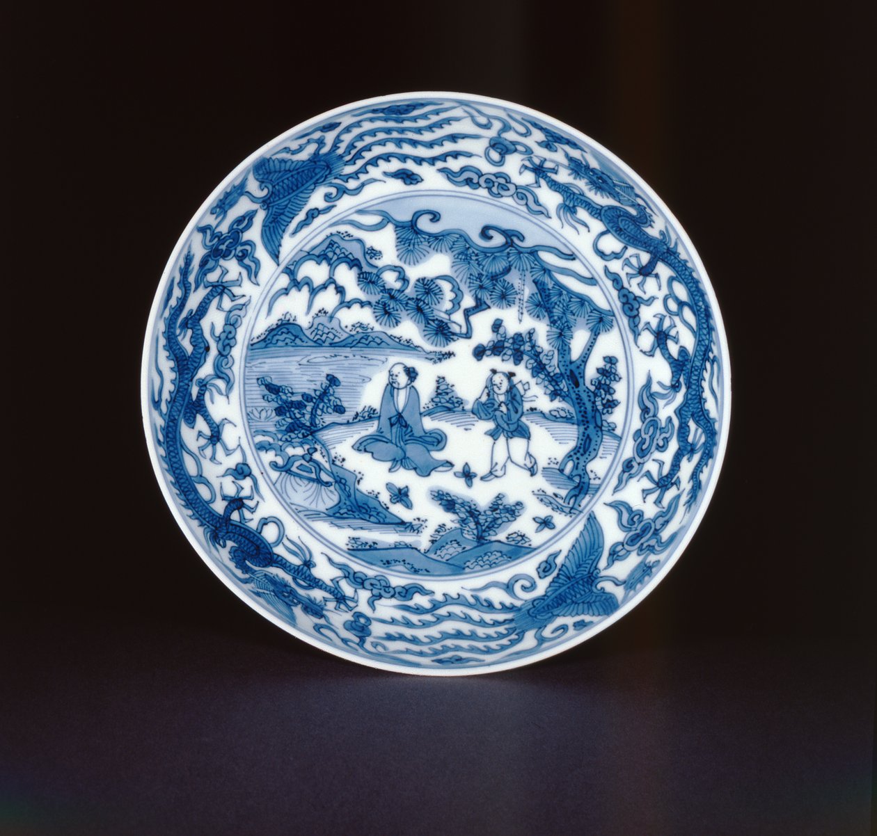 Modrobílé nádobí malované mudrcem a obsluhou, značka Wanli a období, 1573-90 (porcelán) od Chinese School