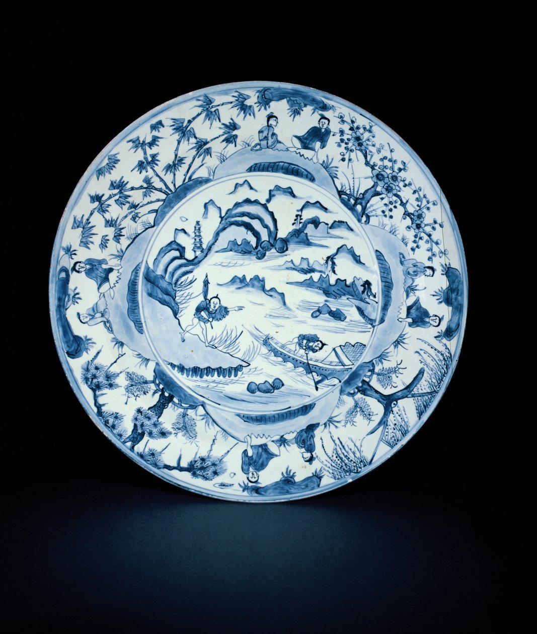 Modrobílá mísa s malbou rybářů v říčním výjevu, Tianqi nebo Chongzheng, 1620-30 (porcelán) od Chinese School