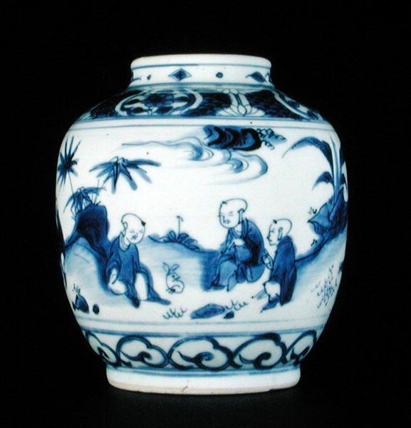 Modrobílá dóza malovaná chlapcem se zajícem, Wanli nebo Chongzheng, 1600-30 (porcelán) (viz 206093, 206094, 206096) od Chinese School