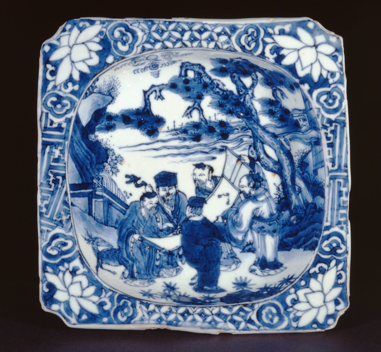 Modrá a bílá kosometsuke čtvercová miska malovaná Shoulao a jinými nesmrtelnými, Tianqi, 1621-27 (porcelán) od Chinese School
