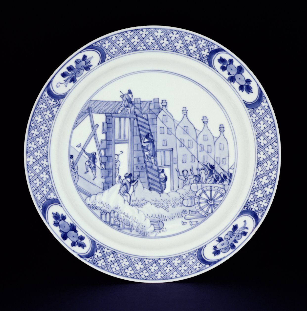 Modrobílý talíř s motivem rotterdamských nepokojů (porcelán) od Chinese School