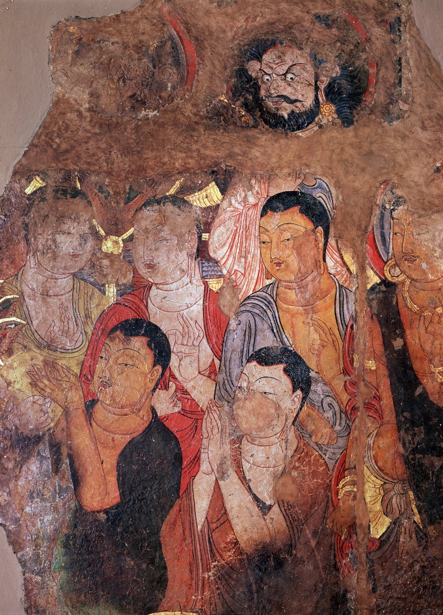 Buddhismus: ""Skupina mnichů a bódhisattvů"" (nebo bódhisatta) (bódhisattvové a mniši) Fragment fresky z 8. století z čínského kláštera Šikša. Rozměr 144x101 cm Muzeum Ermitáž, Petrohrad od Chinese School