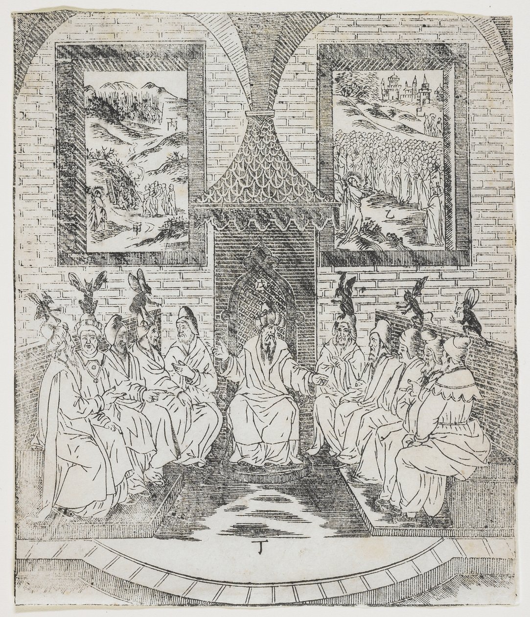Kaifáš a Rada starších, deska od Giulio Alenis Tianzhu jiangsheng zhuxiang jingjie (Ilustrovaná historie Pána nebes, který se vtělil do těla), Jinjiang Church, Fuji od Chinese School