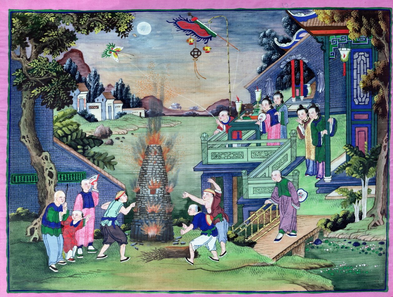 Oslava s ohňostrojem a draky (malovaný textil) od Chinese School