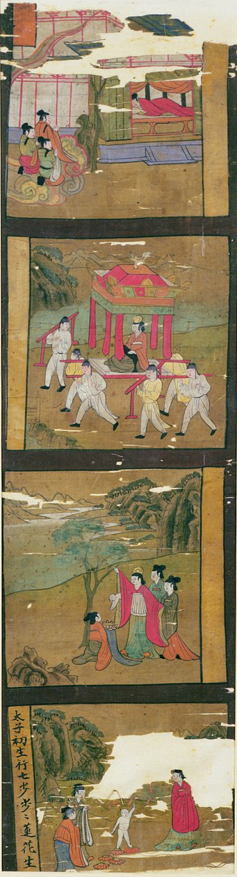 Ch.Lv.0010 Scény ze života Buddhů, Tunhuang, 7.-8. století, (malba na hedvábném praporu) od Chinese School