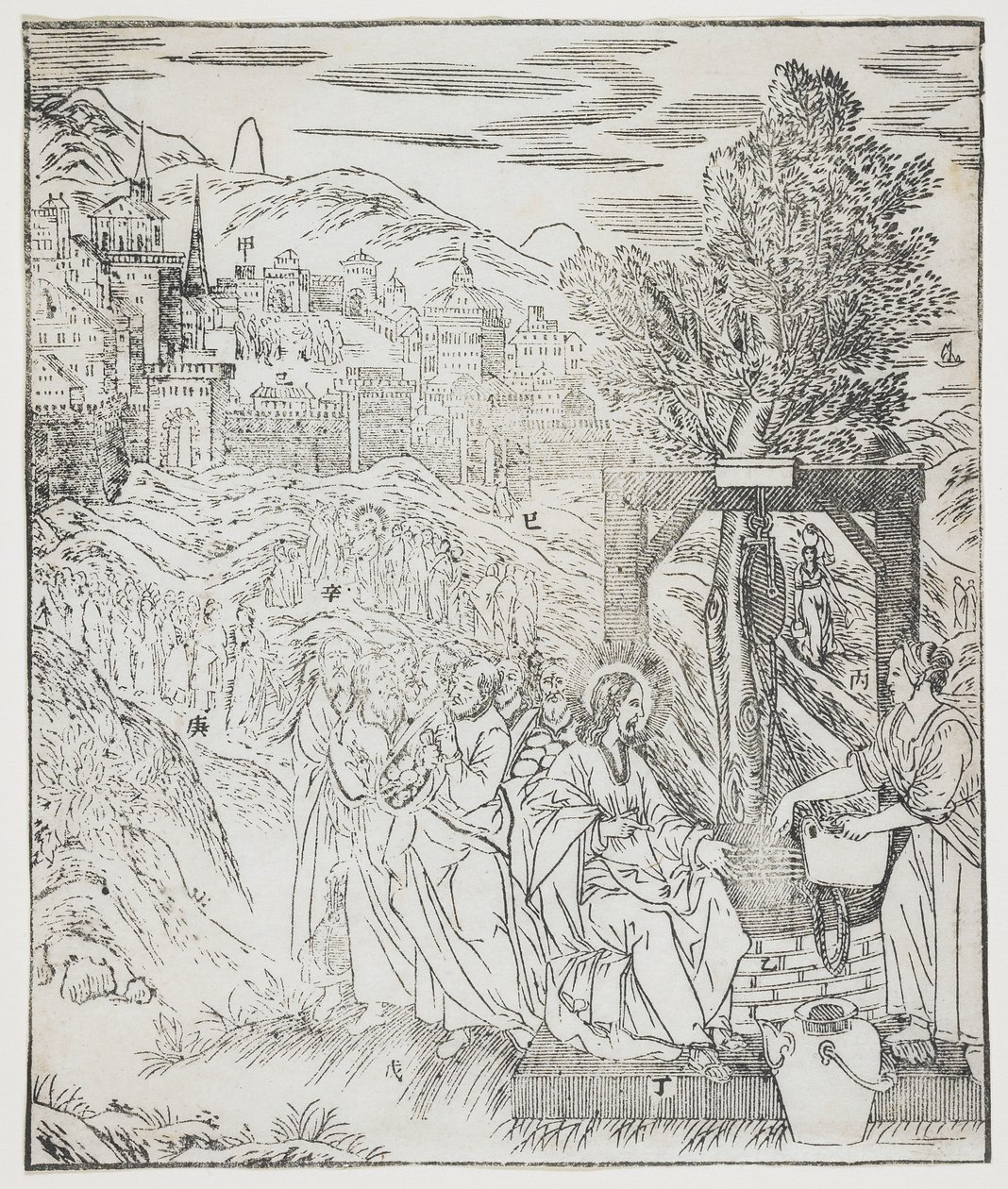 Kristus u studny, talíř od Giulio Alenis Tianzhu jiangsheng zhuxiang jingjie (Ilustrovaná historie Pána nebes, který se vtělil do těla), kostel Jinjiang, provincie Fujian, Chi od Chinese School