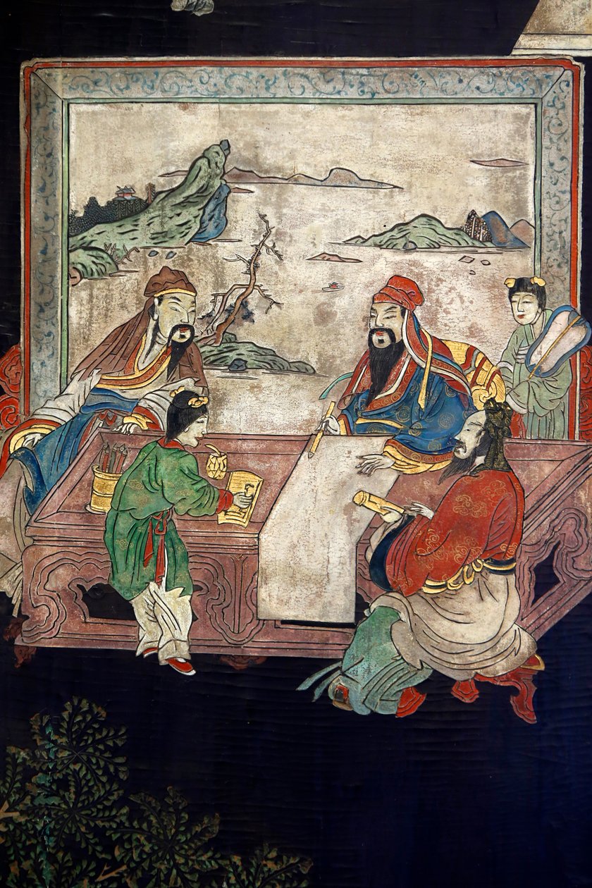 Panely z koromandelského lakovaného dřeva z Číny, detail, cca 1730 od Chinese School
