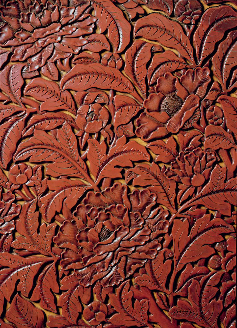 Detail z vyřezávané misky se značkou Xuande (1426-36) na základně, čínský (červený lak na dřevě) od Chinese School