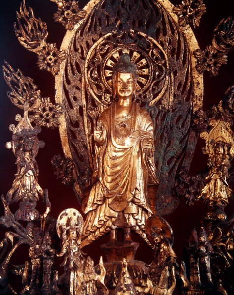 Detail oltářního obrazu věnovaného Buddhovi Maitreyovi, 524 (zlacený bronz) od Chinese School