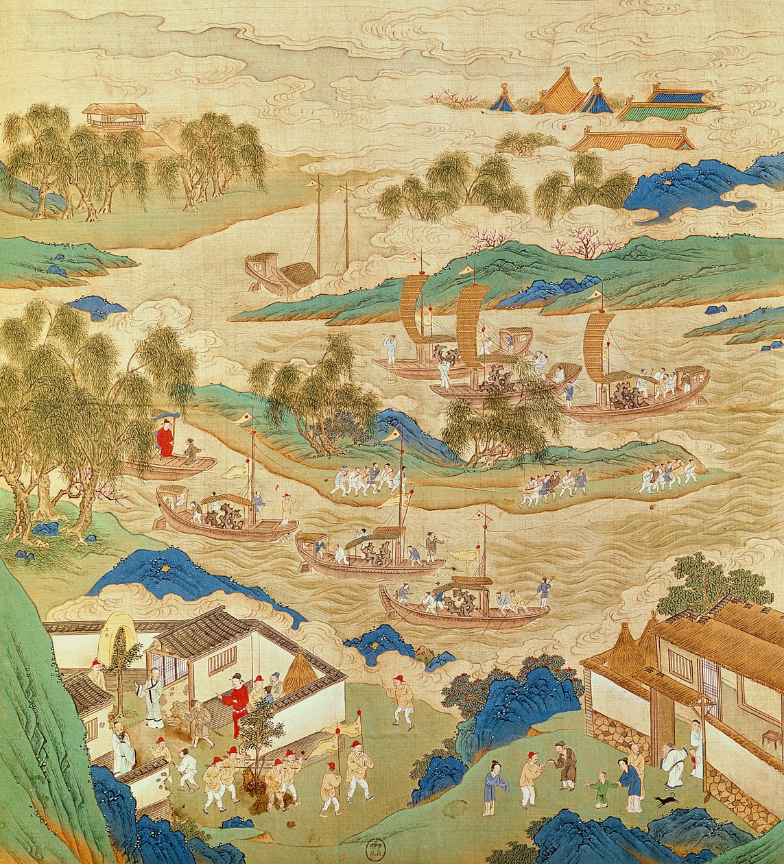 Císař Chuej-cung (r. 1100-26) převáží propíchané kameny a stromy zvláštních tvarů, z knihy Dějiny čínských císařů (barva na hedvábí) od Chinese School