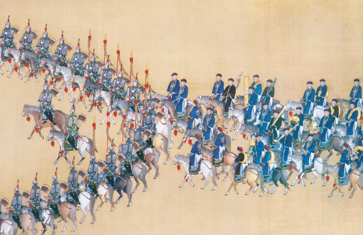 Recenze císaře Qianlonga na velkolepou přehlídku vojsk, handscroll od Chinese School
